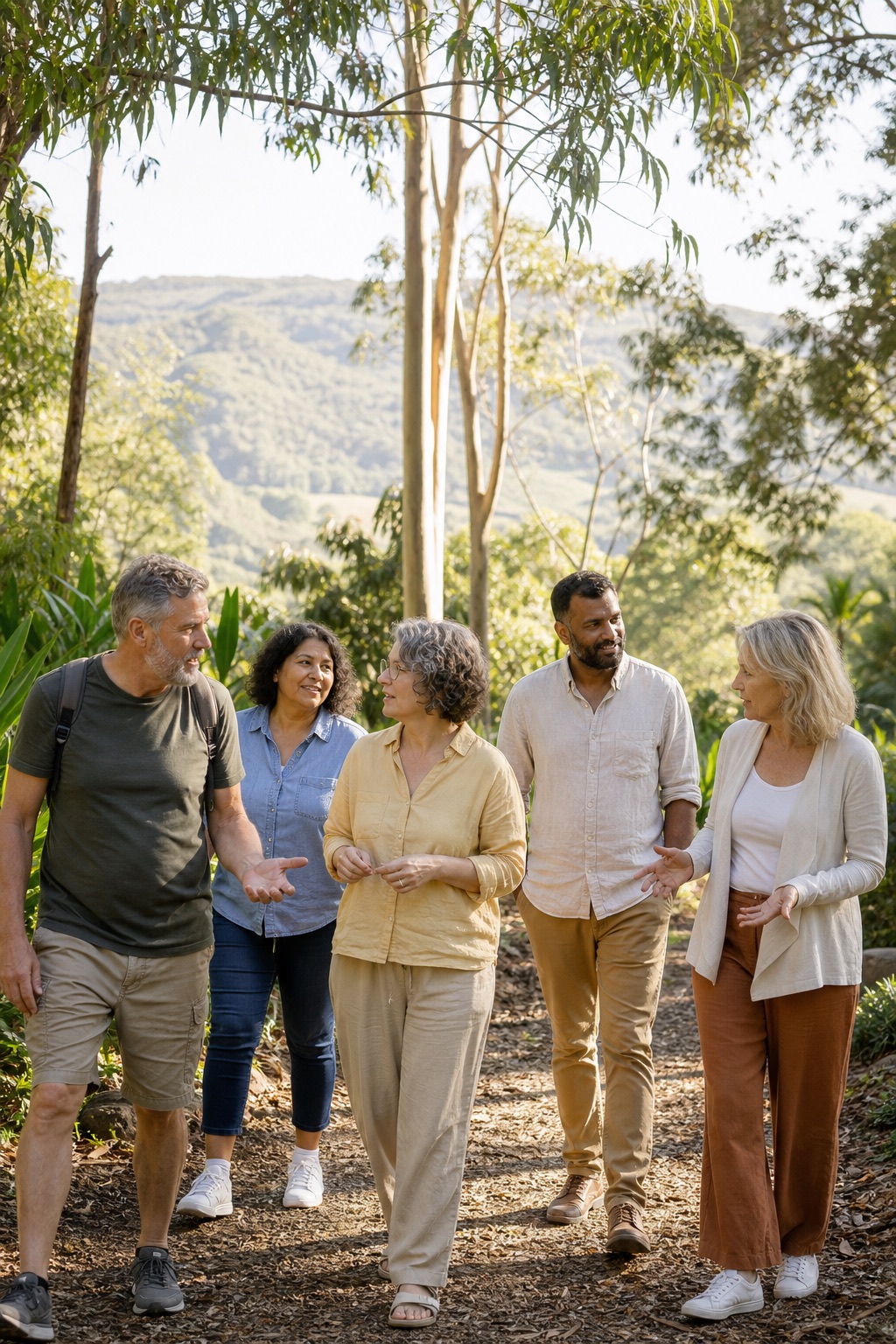 Five adults talking together as they walk through the Sunshine Coast hinterland